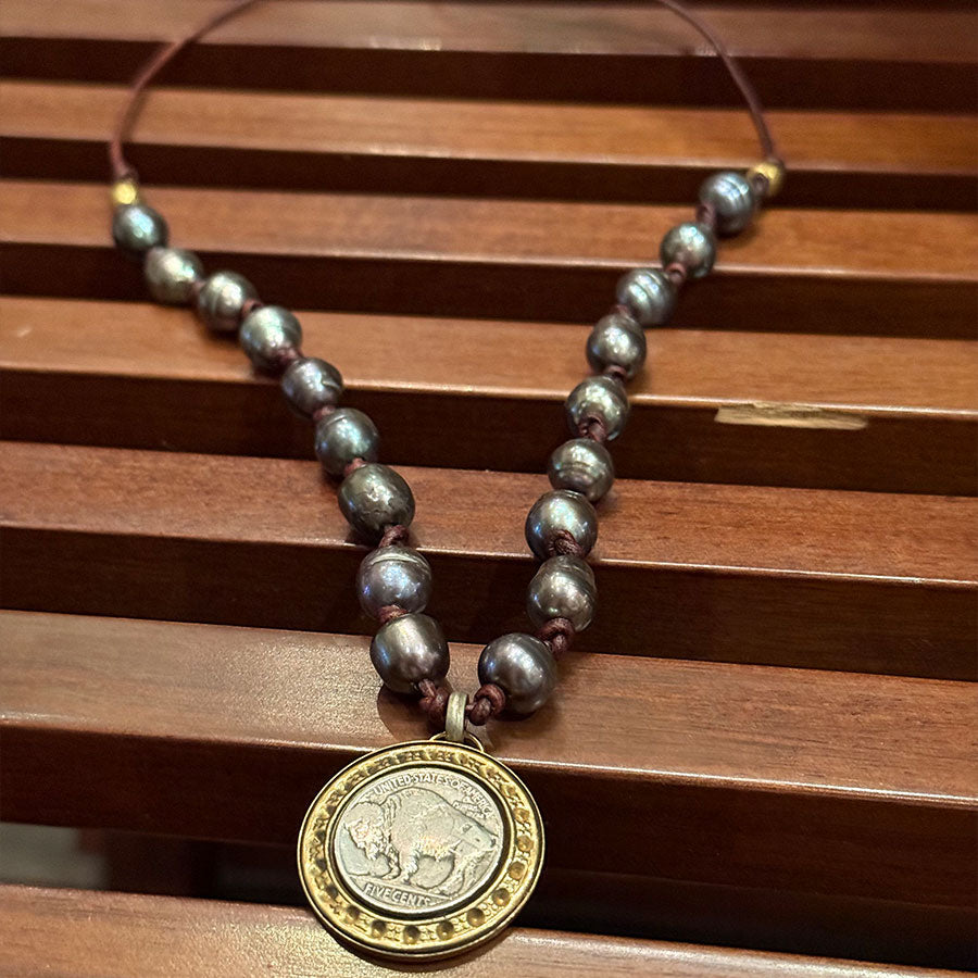 Buffalo Nickel Coin with Gray Oval Pearls on Whiskey Leather
