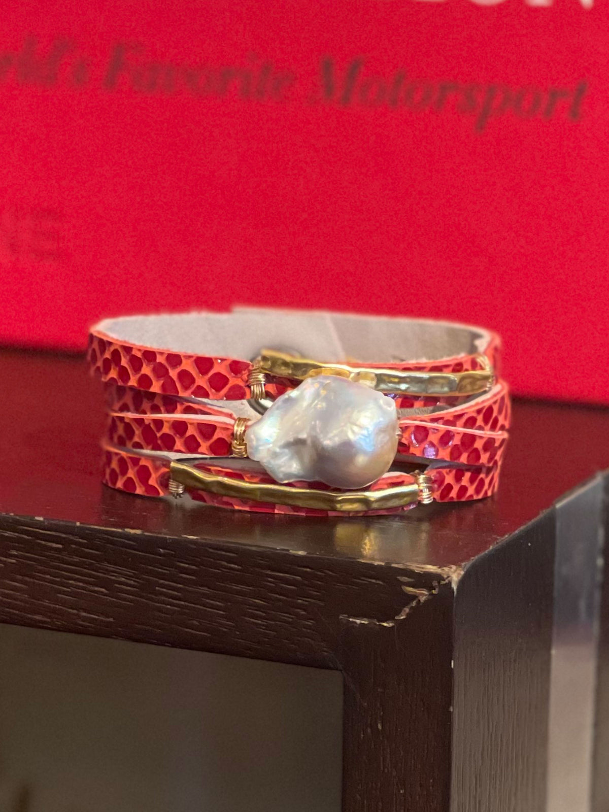 CARMELA RED PYTHON WITH UNIQUE WHITE BAROQUE PEARL BRACELET