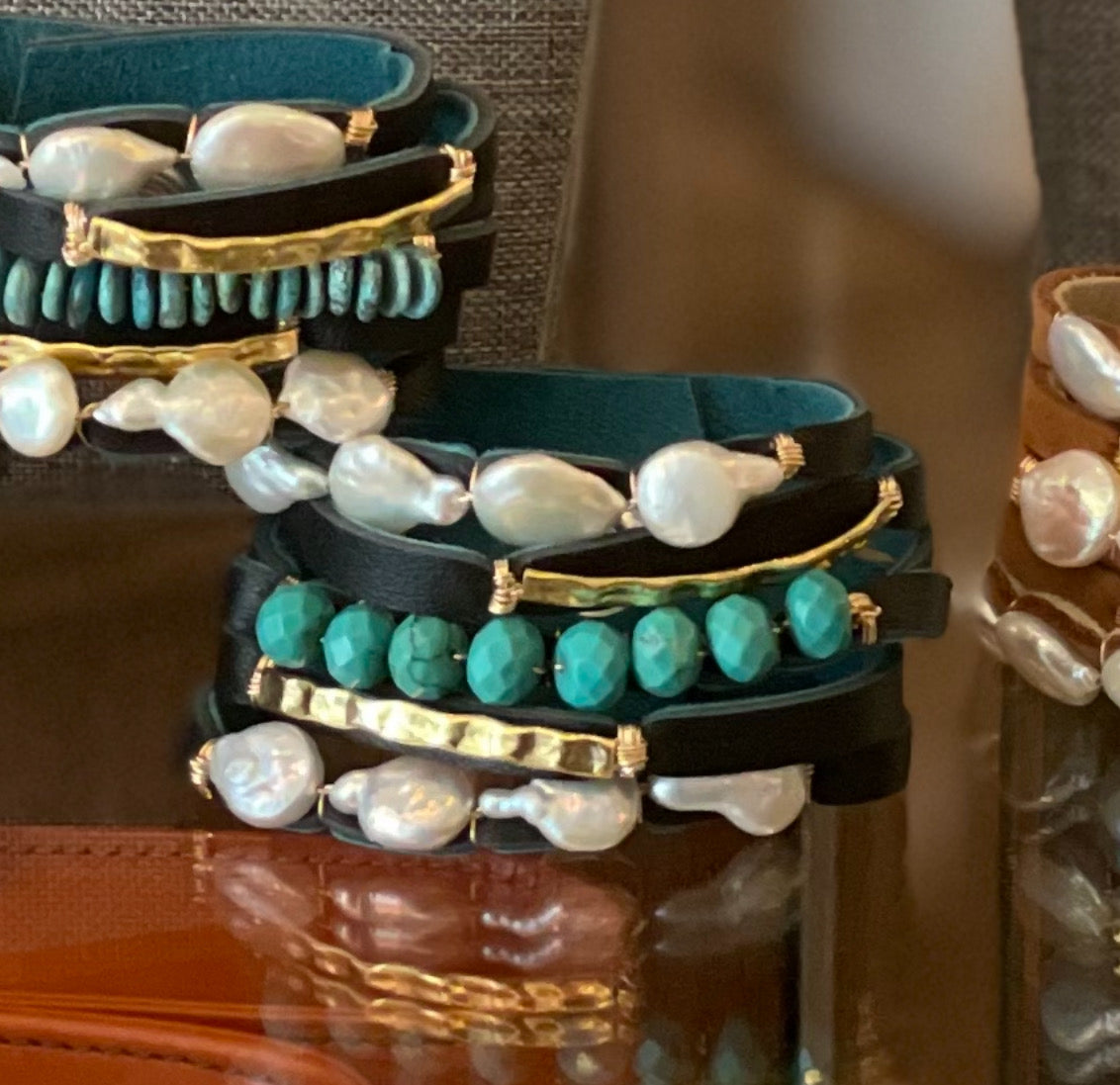 VILMA BLACK LEATHER WITH FRESH WATER PEARLS AND TURQUOUISE BRACELET