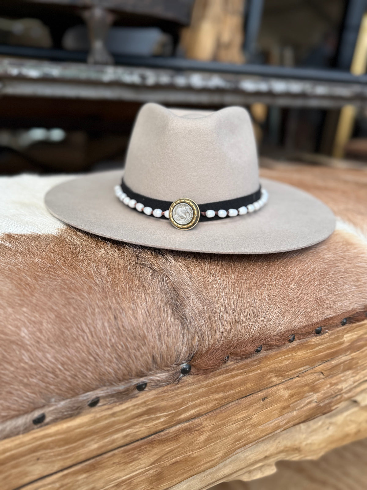 BLACK LEATHER WITH STRAND OF WHITE FRESH WATER PEARLS WITH BUFFALO NICKEL COIN PIN