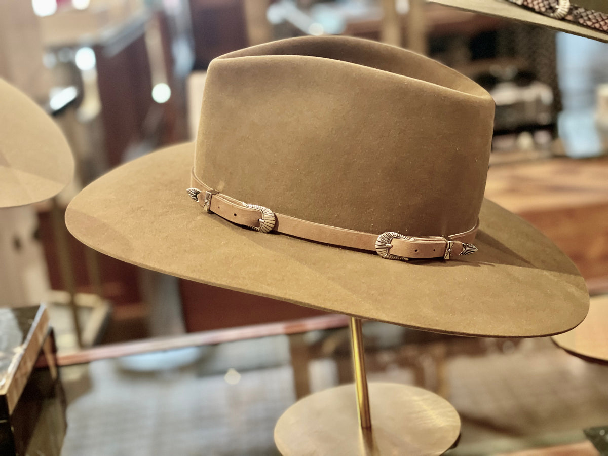 CAMEL LEATHER HATBAND WITH STERLING SILVER BUCKLES