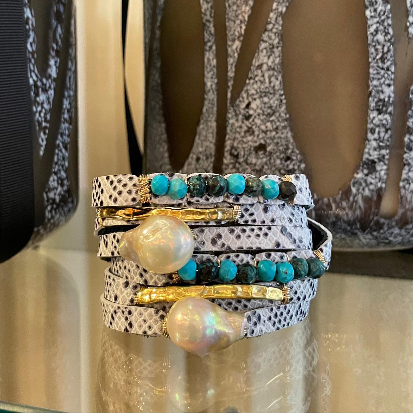 Yountville Black and White Leather with White Pearls & Turquoise
