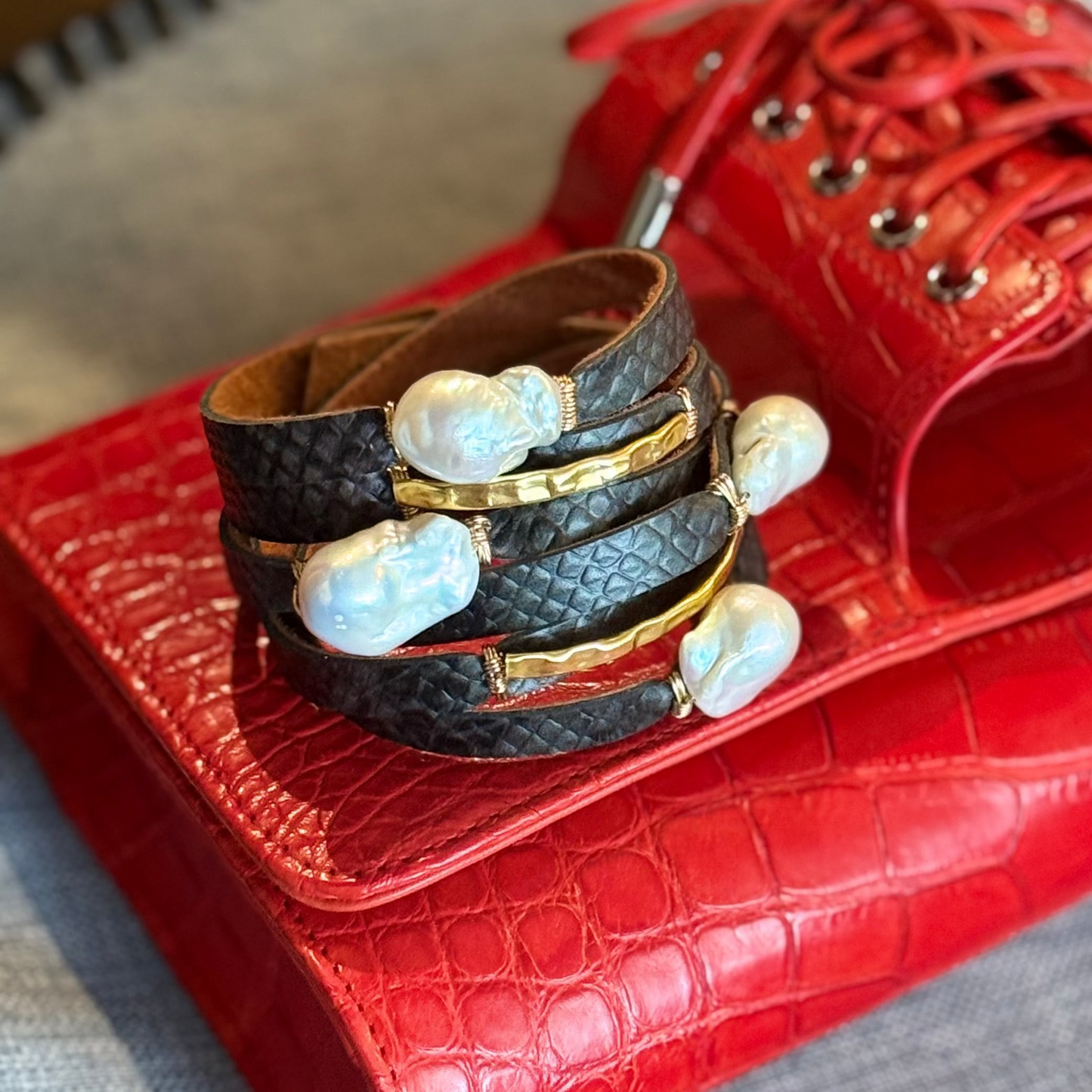 Yountville Black Python with White Baroque Pearls