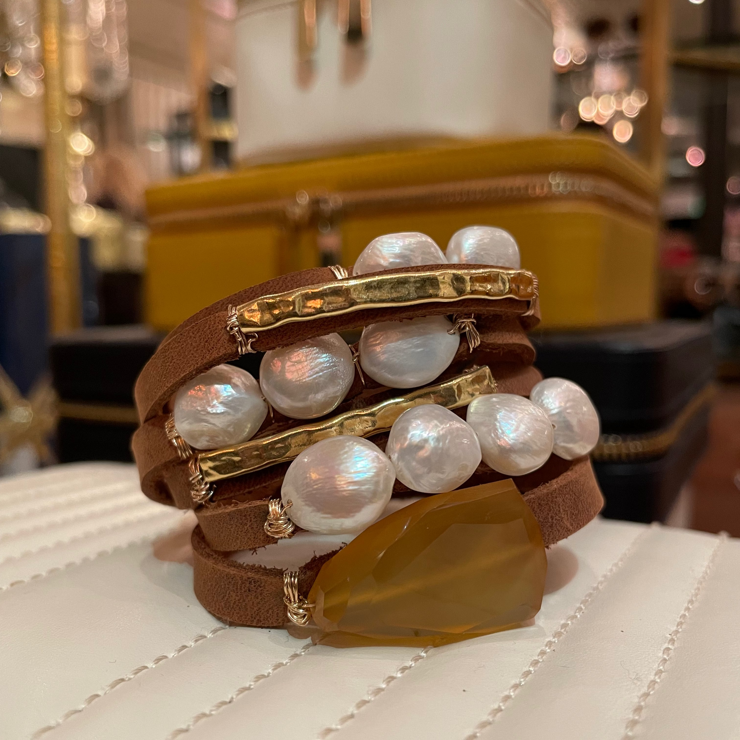Yountville camel leather with white potato head pearls