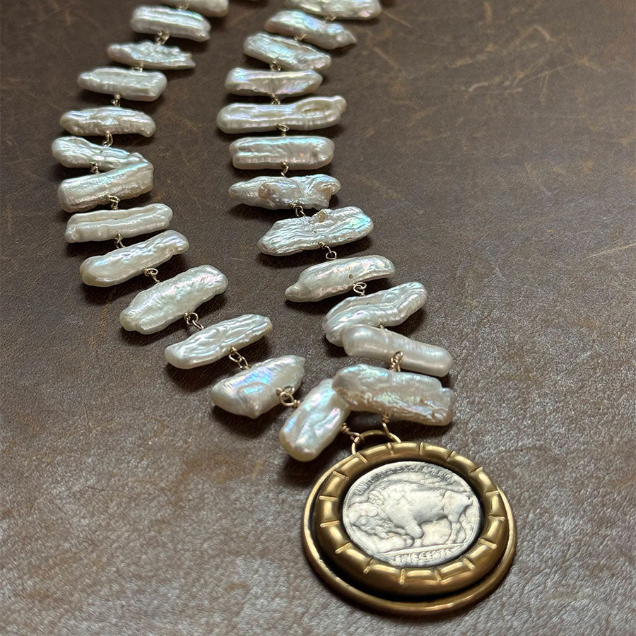 Buffalo Nickel Coin with Big White Biwa Cultured Pearls