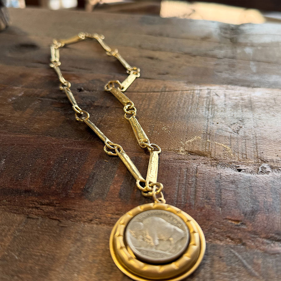 Buffalo Nickel Coin with Unique Brass Chain