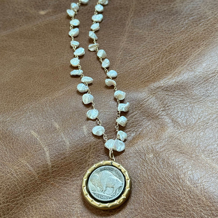 Buffalo Nickel with White Keishi Pearls