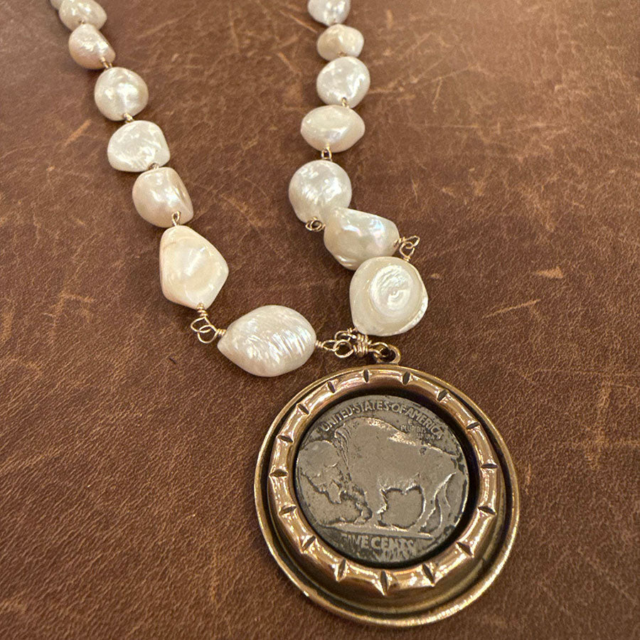 Buffalo Nickel With White Potato Head Fresh Water Pearls