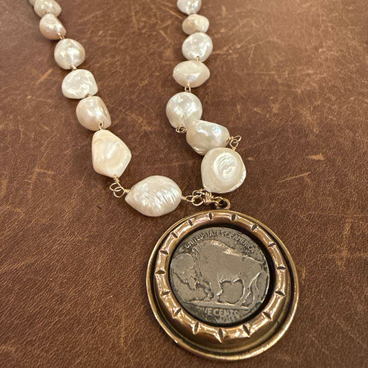 Buffalo Nickel With White Potato Head Fresh Water Pearls