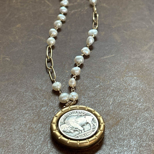 Buffalo Nickel Coin with White Round Cultured Pearls & Gold Links