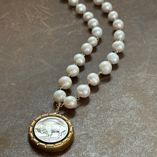 Buffalo nickel with white round cultured pearls