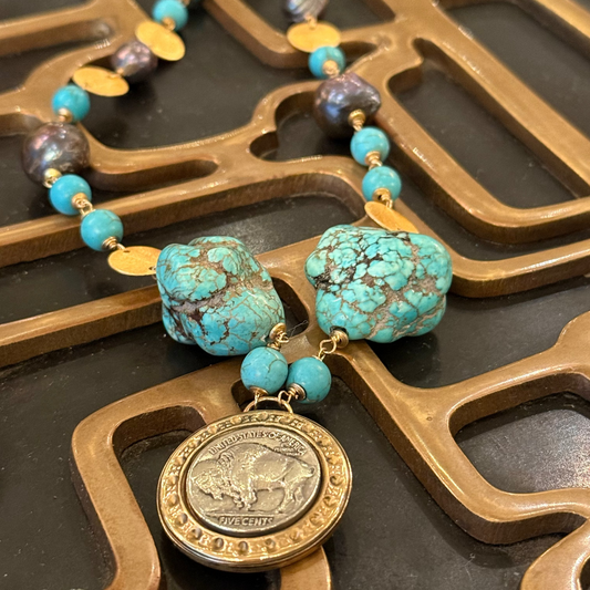 Buffalo nickel with turquoise chunks and pearls