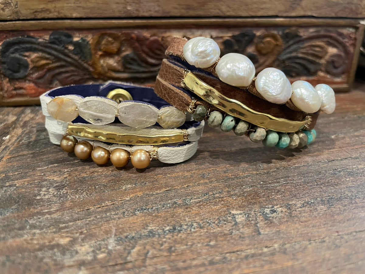 Carmela Camel and Bone Leather with White Pearls Turquoise & Quartz