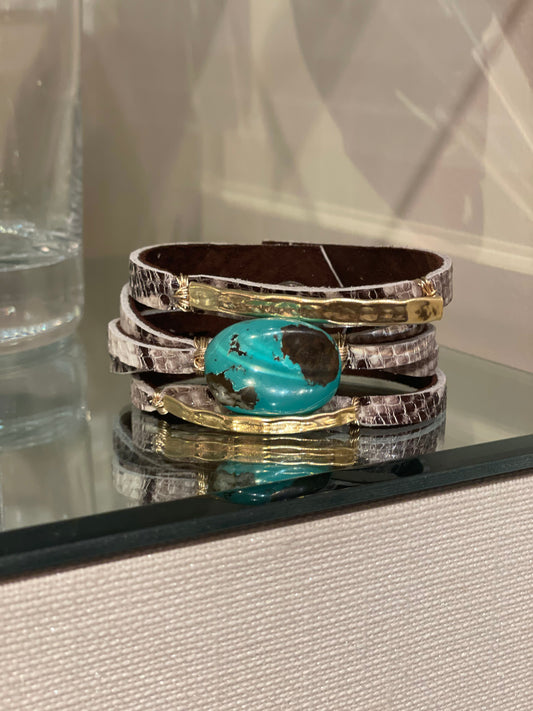 CARMELA BROWN AND BONE PYTHON WITH TURQUOISE OVAL STONE