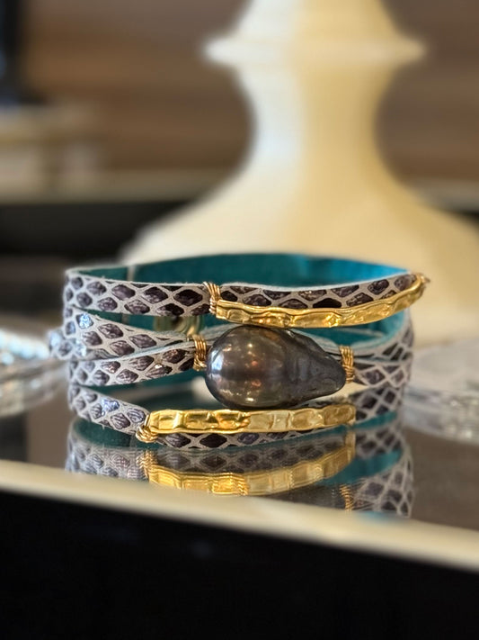 Carmela Black and White Python with Gray Baroque Pearl