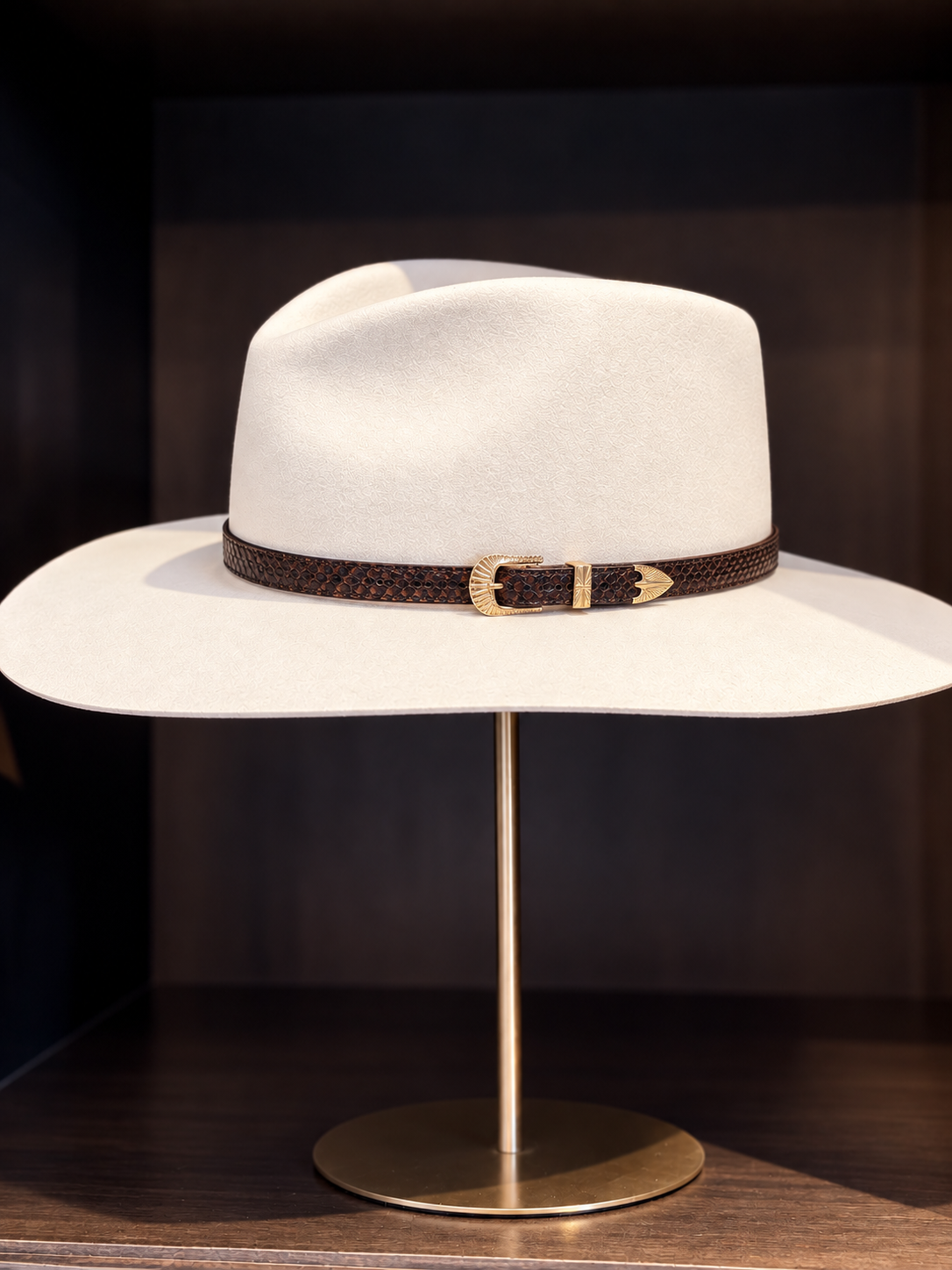 CHOCOLATE PYTHON LEATHER HATBAND WITH 18k GOLD PLATED STERLING SILVER BUCKLES