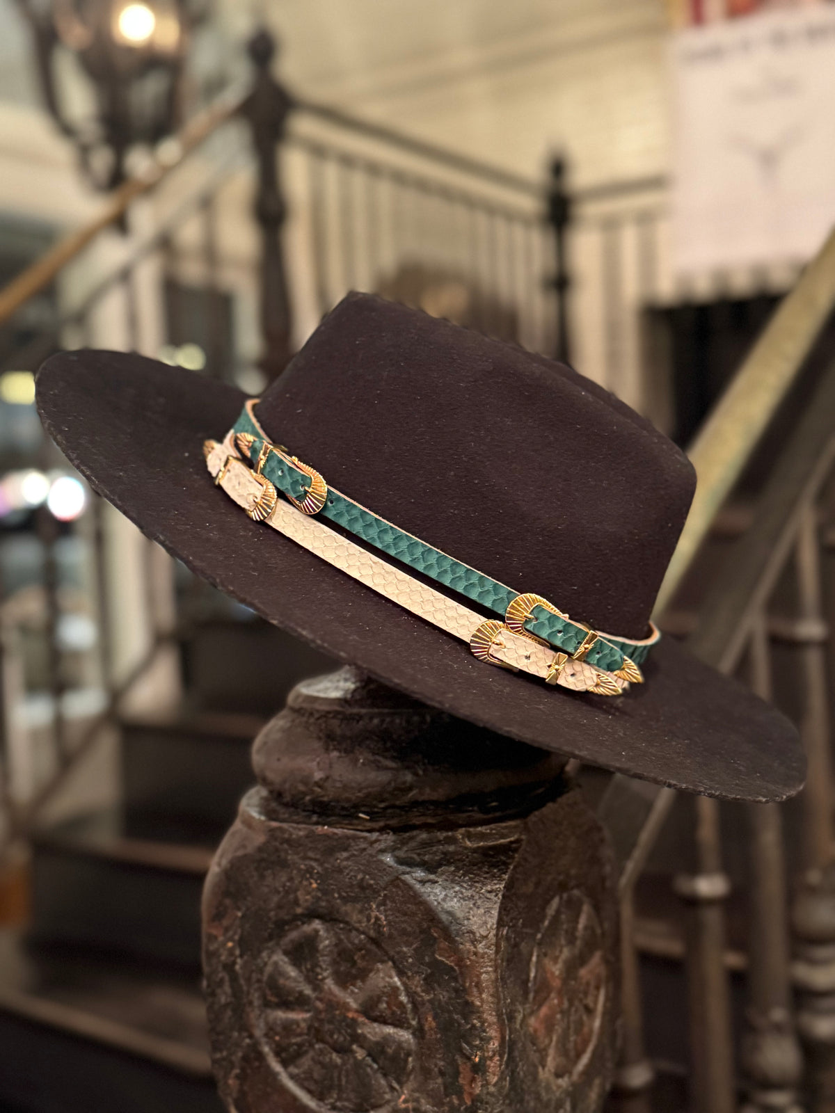 GREEN PYTHON LEATHER HATBAND WITH 18k GOLD PLATED STERLING SILVER BUCKLES