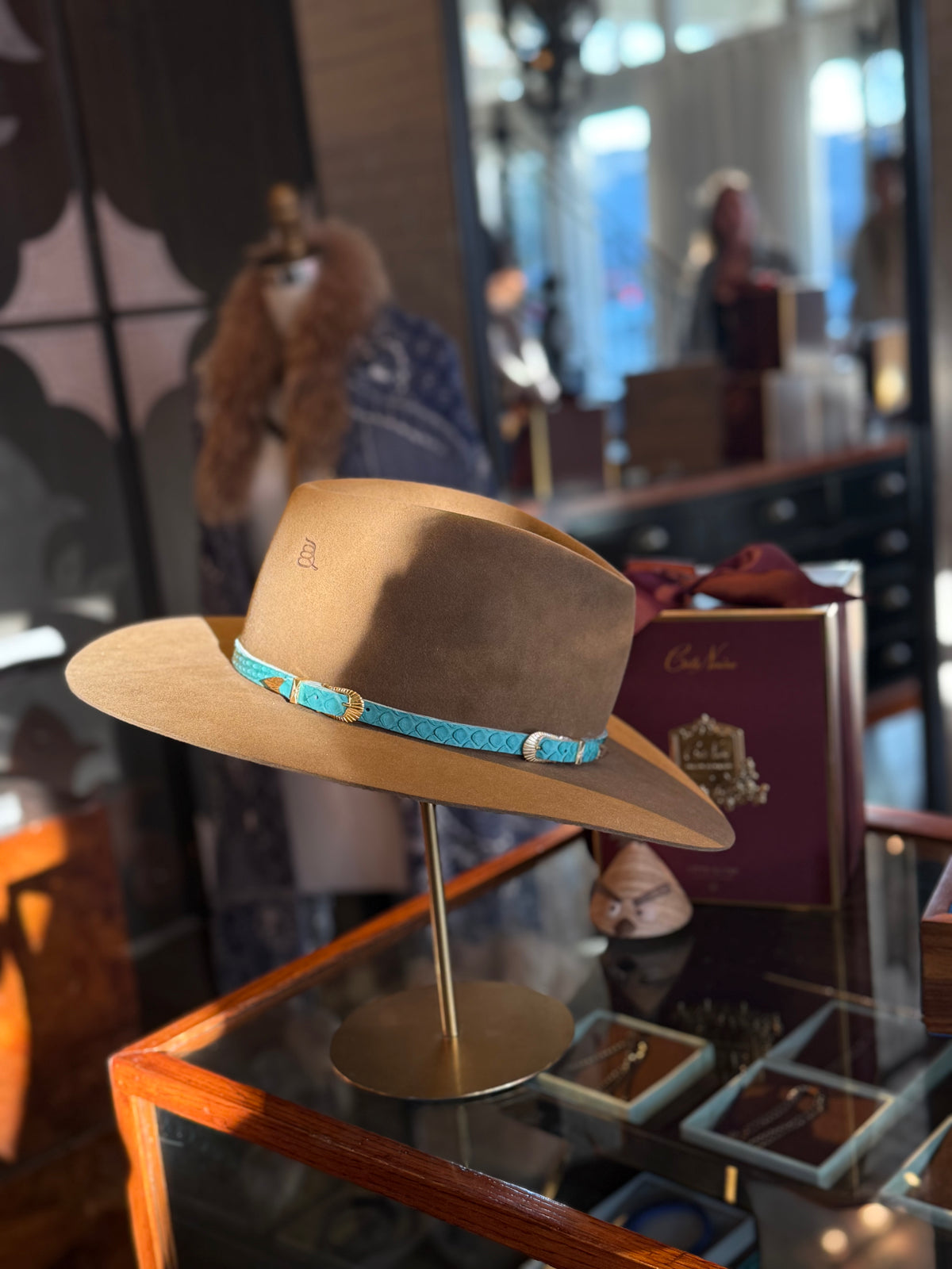 TURQUOISE PYTHON LEATHER HATBAND WITH 18k GOLD PLATED STERLING SILVER BUCKLES