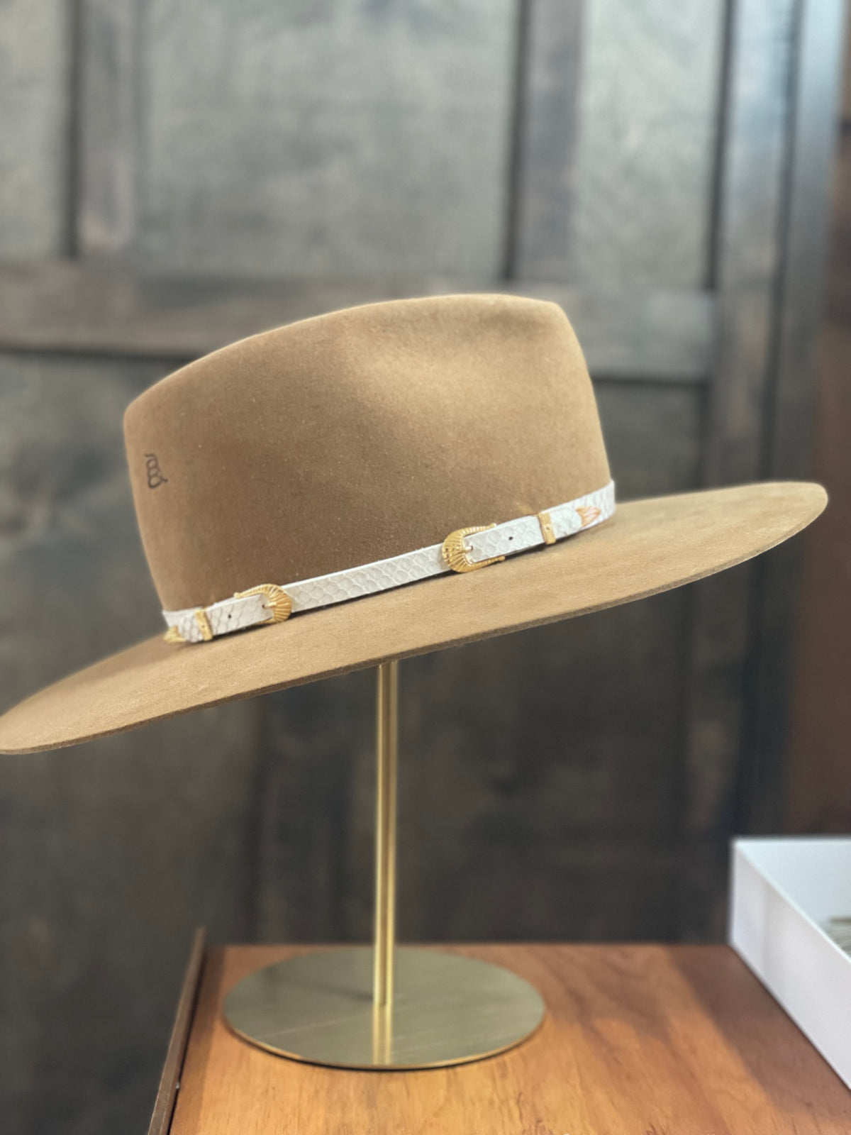 WHITE PYTHON LEATHER HATBAND WITH 18k GOLD PLATED STERLING SILVER BUCKLES