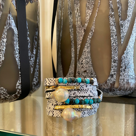 Yountville black and white leather with white pearls & turquoise