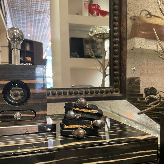 Yountville black bison with gray baroque pearls