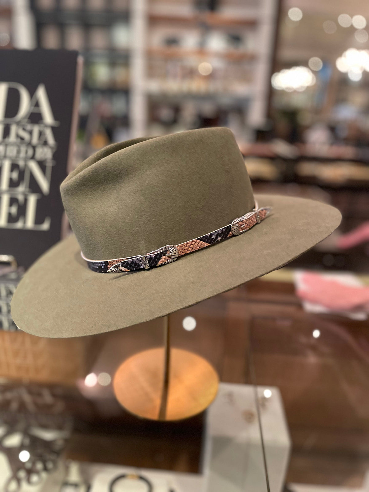 NATURAL TRICOLOR PYTHON LEATHER HATBAND WITH STERLING SILVER BUCKLES