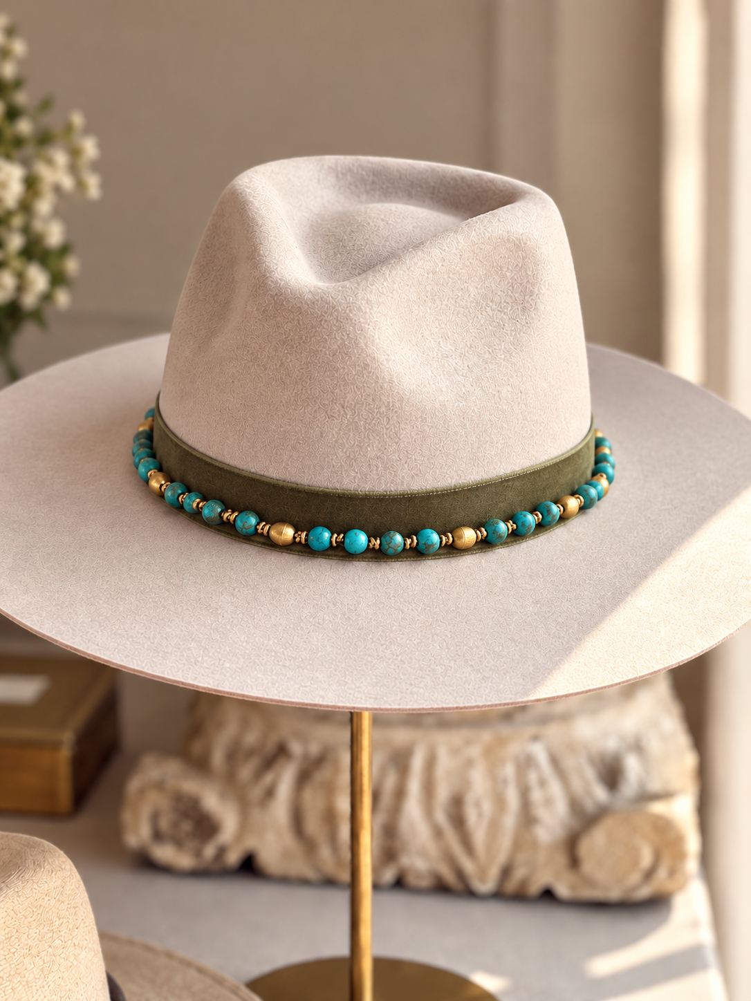 STRAND OF GENUINE TURQUOISE STONES & GOLD PLATED BEADS WITH GREEN SUEDE HATBAND