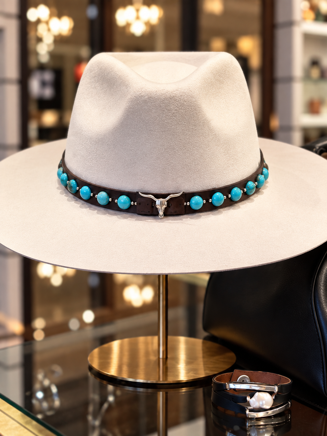 BROWN LEATHER WITH STRAND OF GENUINE TURQUOISE STONES WITH LONGHORN PIN HATBAND